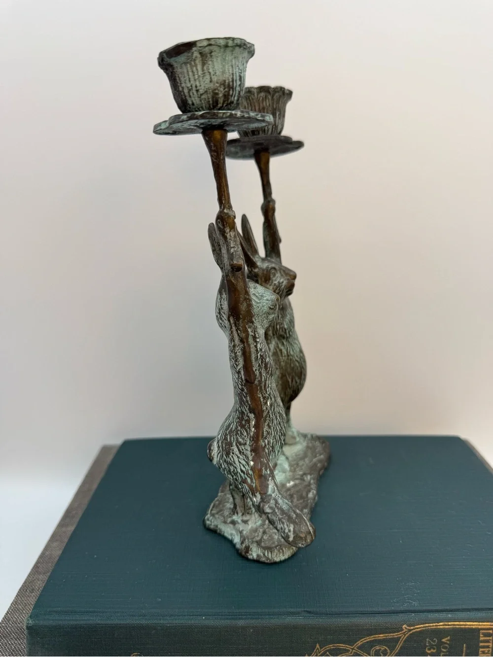 Vintage Bronze with Verdigris Rabbit Candlestick Holders